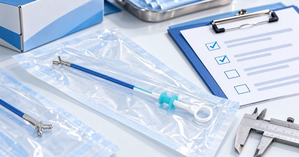 Endoscopic biopsy forceps procurement checklist beside single-use forceps packaging