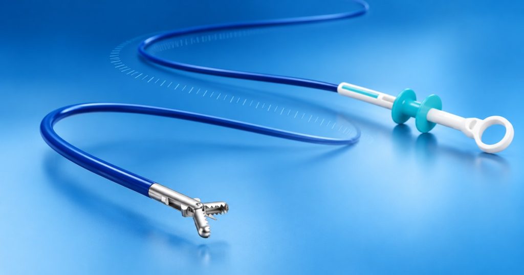 Disposable biopsy forceps beside a colonoscope for lower GI endoscopy