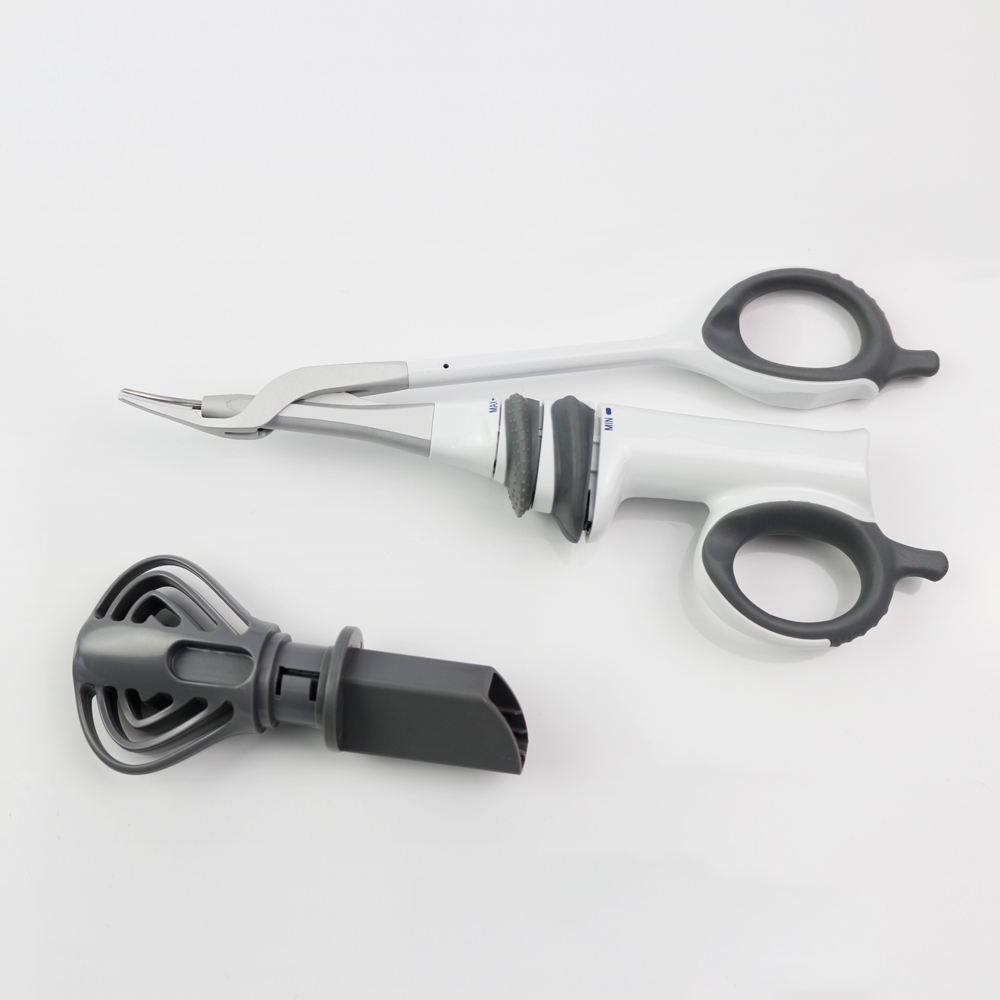 Close-up of curved ultrasonic shear blade and opposing jaw